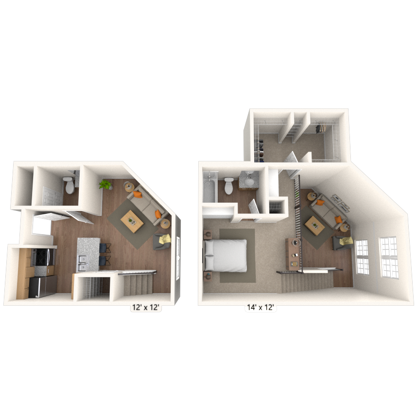 Floor plan for 1 bed, 2 baths, 782 sqft